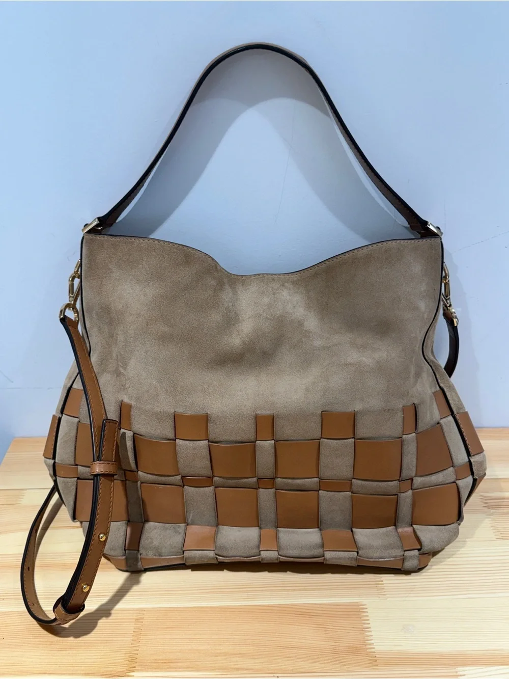 Michael Kors Vivian Large Woven Suede Hobo Bag - Shell / Acorn - NWT